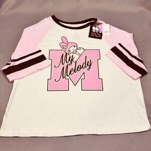 Sanrio My Melody Raglan T-Shirt Womens‎ Medium Pink Cream Brown Baseball Tee NWT